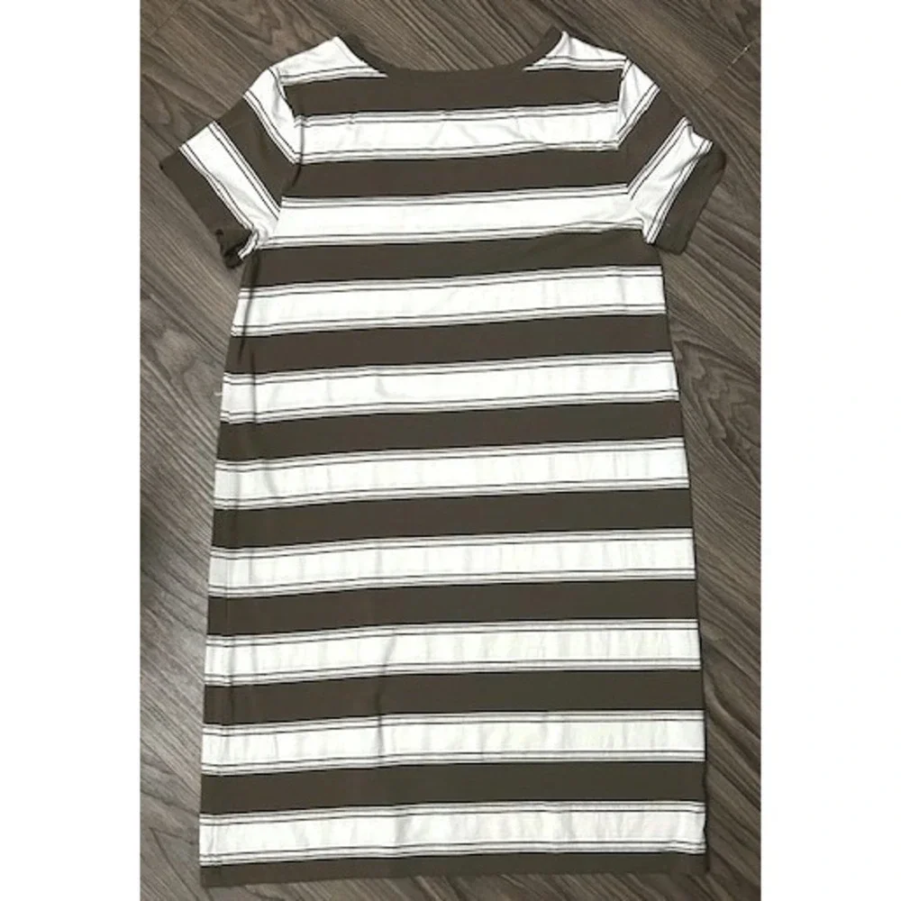 LOFT Beach Womens Brown Striped Short Sleeve Pocket T-Shirt Dress Size Medium - Picture 3 of 13